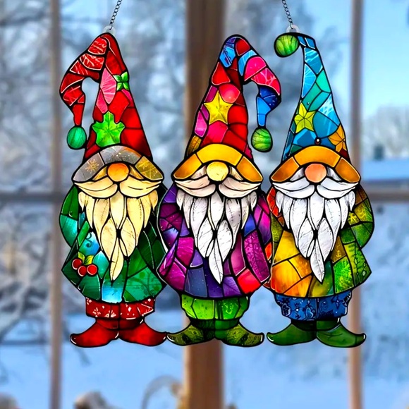 Stained Glass Gnome Window Hanger 3 Gnomes Waterproof Scratch Chemical Resistant - Picture 2 of 7